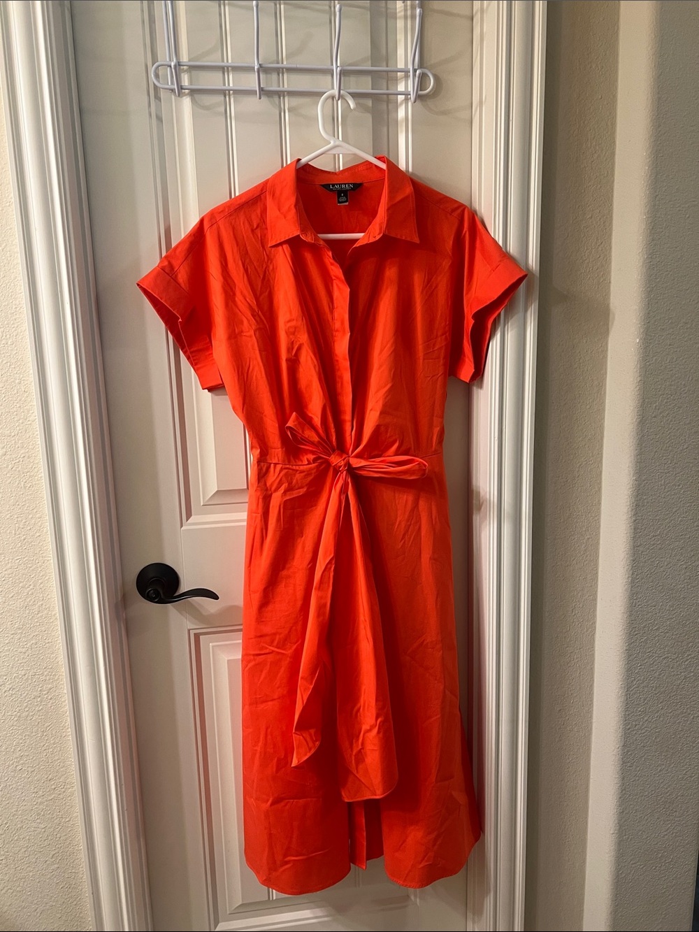 Lauren Ralph Lauren Orange Tie-Waist Shirt Midi Dress